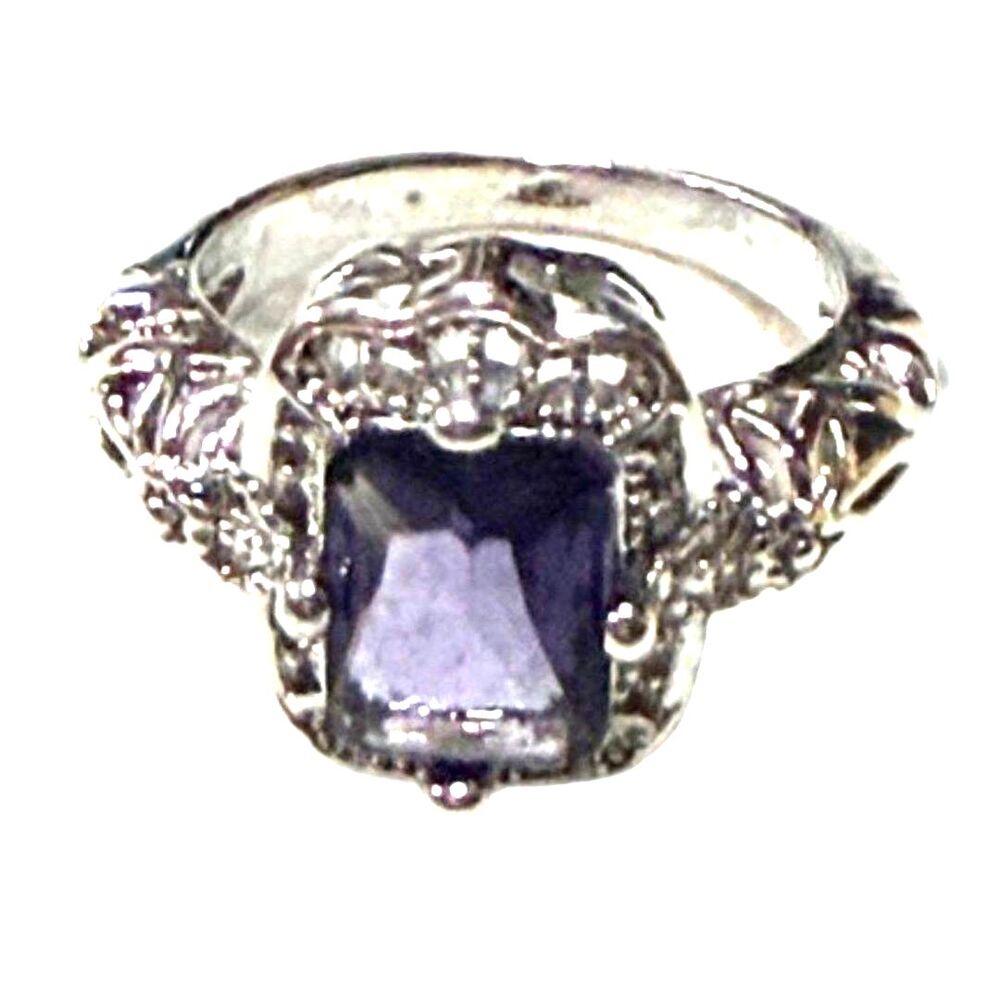 Purple Stone Statement Ring Size 6 Silver Tone Vintage Style Fashion Ring